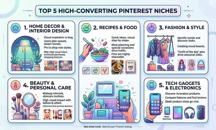 Infographic displaying low-competition high-volume Pinterest affiliate marketing niches.
