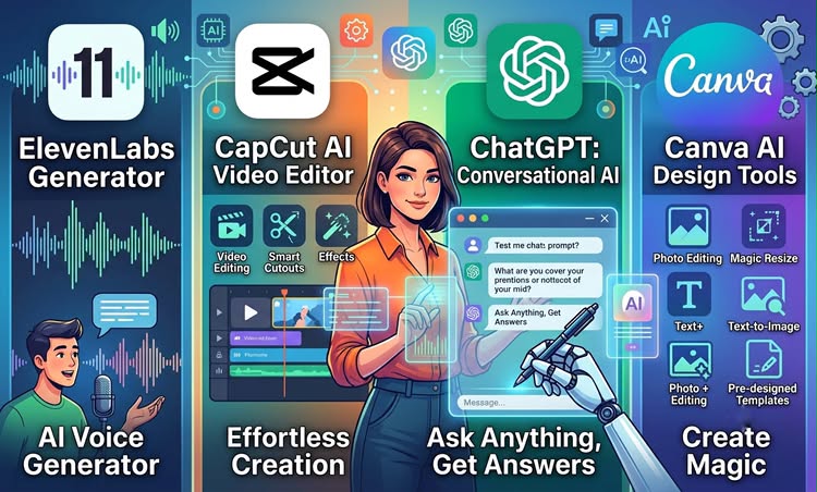A infographic presentation showing top popular AI tools including ElevenLabs for AI voice generation, CapCut AI for video editing, ChatGPT for conversational AI, and Canva AI for graphic design.