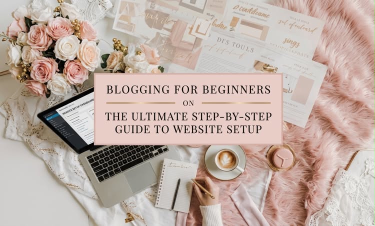 Flat lay workspace with a laptop, coffee, notebook, pink faux fur, and a blush pink text box reading "Blogging for Beginners: The Ultimate Step-by-Step Guide to Website Setup"
