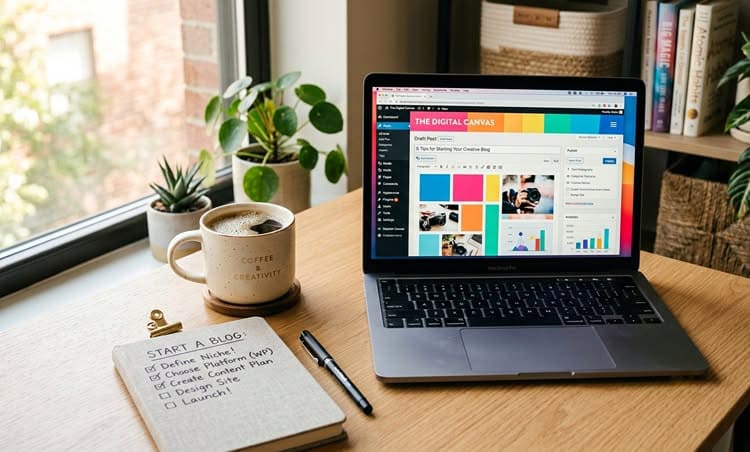 A sleek laptop displaying a WordPress dashboard on a clean desk, illustrating how to start a blogging for beginners.