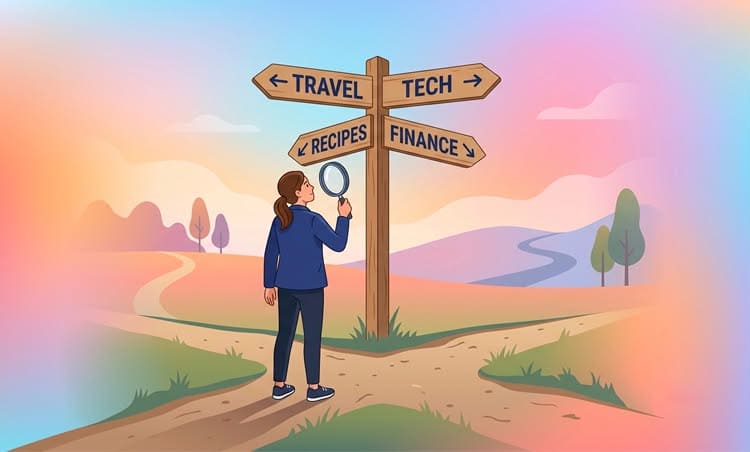 A person using a magnifying glass to decide on a blog niche from several options like Travel and Tech, showing niche selection as one of the best blogging tips for complete beginners.