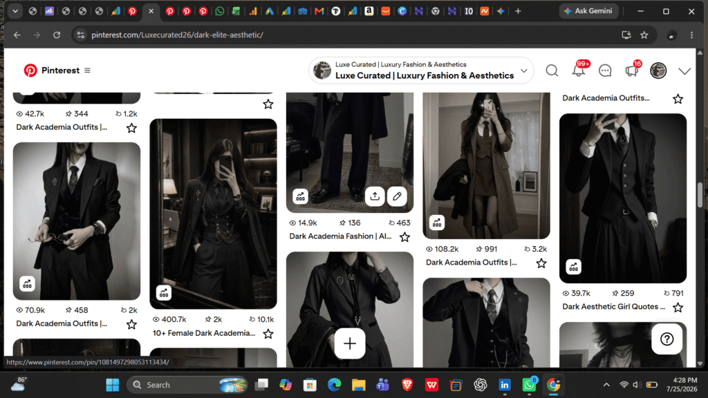 Pinterest board grid showcasing tailored dark academia women outfit ideas and monochrome suit aesthetics