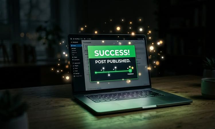 Laptop screen showing a green success notification that says "POST PUBLISHED" with glowing bokeh particles.