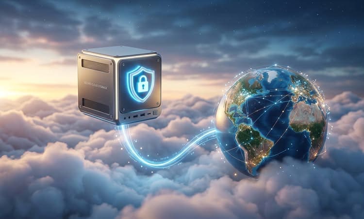 A futuristic server icon connecting to a globe, representing reliable web hosting for a website setup for new bloggers.