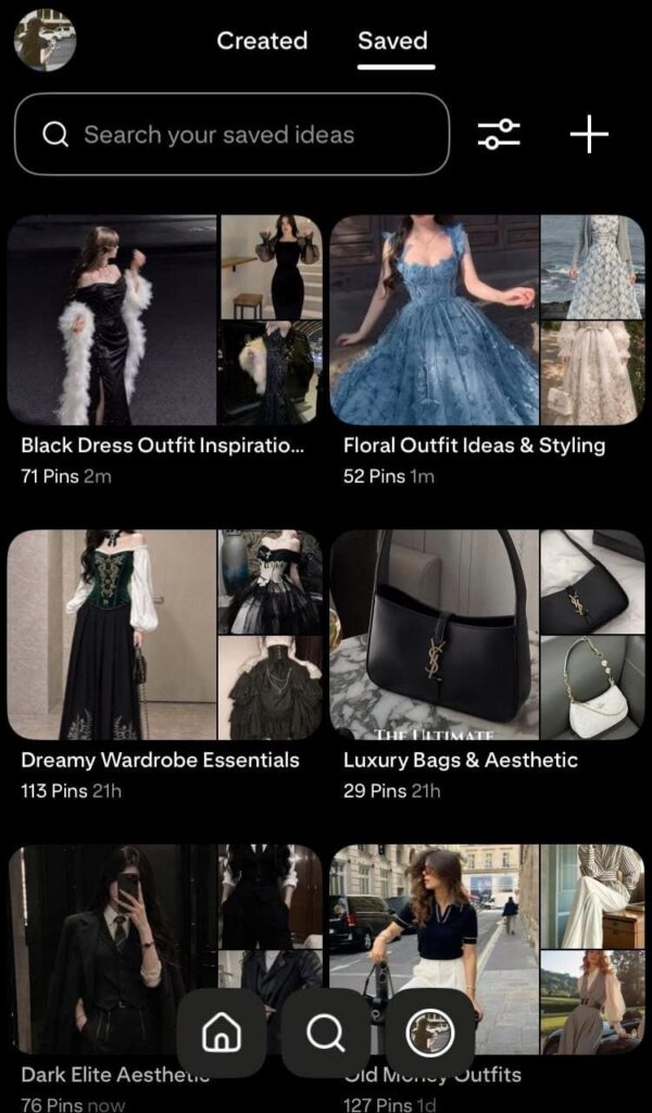 Pinterest profile curated boards for luxury fashion, dark academia, floral dresses, and old money outfit aesthetic