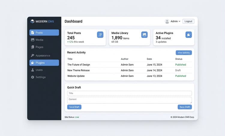 A close-up view of a minimalist WordPress dashboard menu with key navigation elements visible, showing easy ways to launch your first blog.