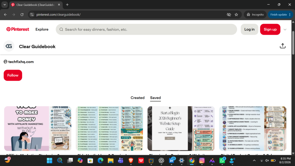  Checking Pinterest profile visibility in an incognito window.