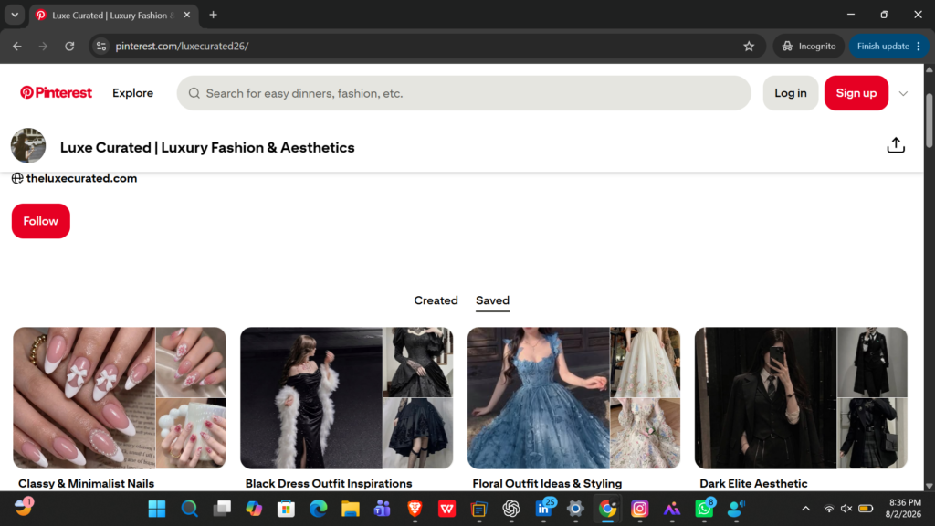  Checking Pinterest profile visibility in an incognito window.