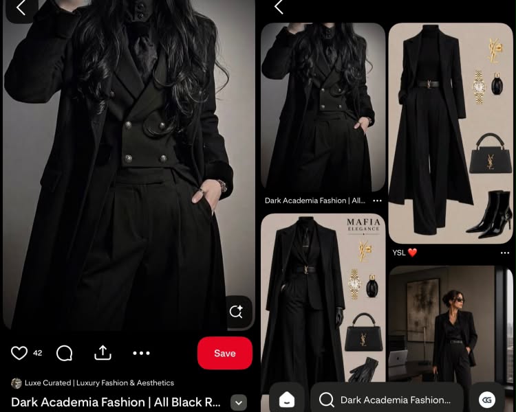 Photo collage featuring multiple dark academia style pins, all-black outfits, and YSL luxury fashion accessories from Pinterest.