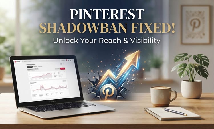 Elegant minimalist workspace with a laptop showing analytics and a glowing Pinterest growth arrow, representing a fixed shadowban. Showing shadowbanned on Pinterest.