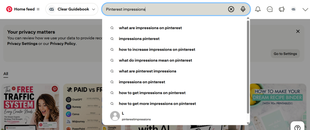 Pinterest search bar "Pinterest impressions