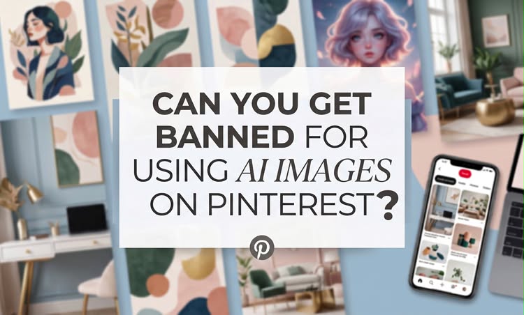 An elegant blog cover graphic asking 'Can You Get Banned For Using AI Images On Pinterest?' with Pinterest feeds, smartphone mockup, and aesthetically arranged AI artwork in the background.