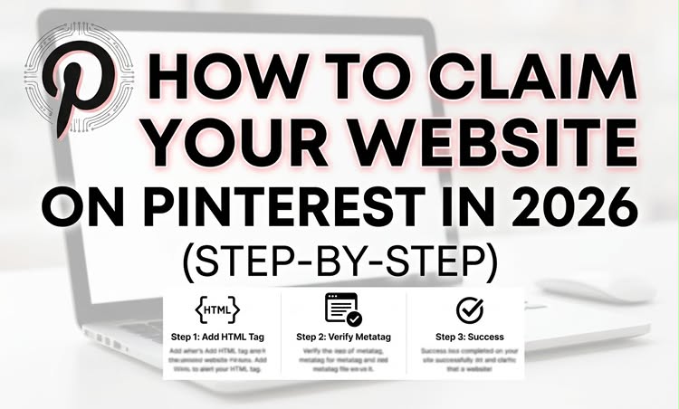 Step-by-step guide on how to claim your website on Pinterest in 2026 showing HTML tag and metatag verification steps on a laptop screen.⁠
